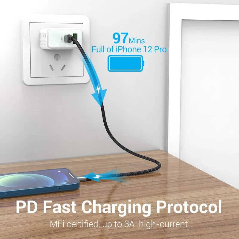 Cabo de Carregamento c/ Certificação Vention-MFi // Cabo PD USB C p/ Lightning p/ iPhone 14, 13, 12, 11 Pro Max, AirPods Pro, iPad XS, 30 W