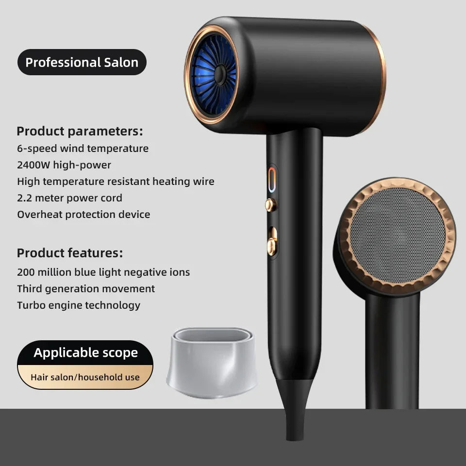 Secador de Cabelo Profissional // Escova de ar Quente e Frio // Secador de Cabelo Negativo Lonic // Super Potente // Ferramenta de Salão, 2400W, 3 Velocidades