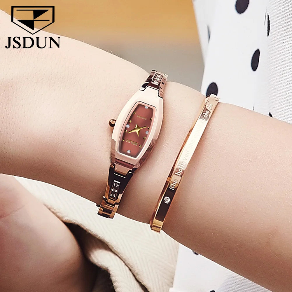 Relógios Femininos de Marca de Luxo JSDUN // Pulseira de Aço de Tungstênio // Relógio de Quartzo Original c/ Diamantes