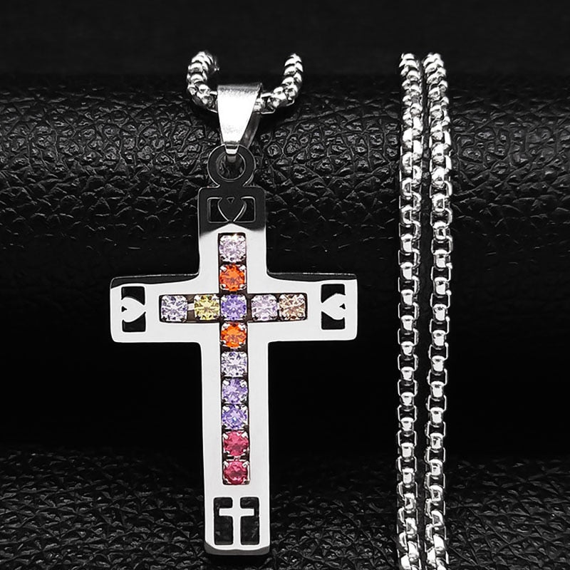 Colar de Aço Inoxidável JYTF c/ Pingente // Cruz Jesus Católico // São Bento de Cristal // Virgem Maria // Lindos Crucifixos, Colares/Jóias/Cruz