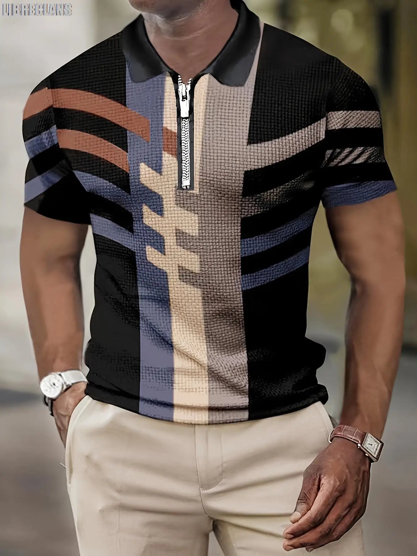 Camisa Polo Masculina de Manga Curta // Verão, Retrô, Listrada, 3D, c/ Zíper, Lapela, Slim, 2025