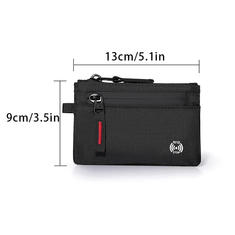 Carteira Masculina RFID Porta-Cartões // De Nylon // Fina com Zíper // Porta-Cartões // Bolsa Tática Masculina // Porta-Moedas c/ Mosquetão