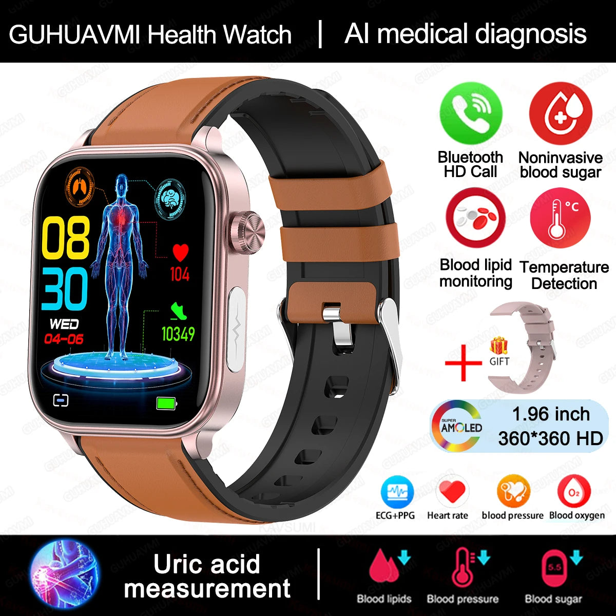 Novo 2025 ECG+PPG Relógio Inteligente de Grau Médico Feminino // Açúcar no Sangue // Lipídios no Sangue // Ácido Úrico // Rastreador de Saúde Menstrual // Smartwatches