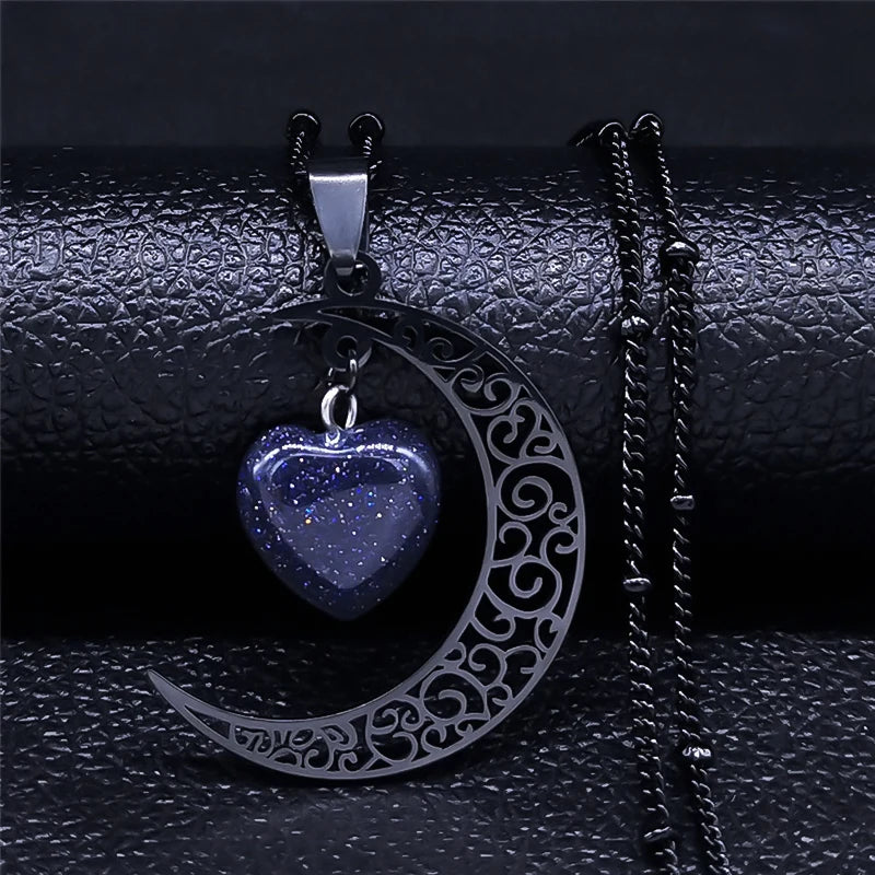 Colar de Pingente de Pedra Natural de Aço Inoxidável Feminino // Colar de Coração de Lua // Joias de Aço Inoxidável Joyeria N6325S03
