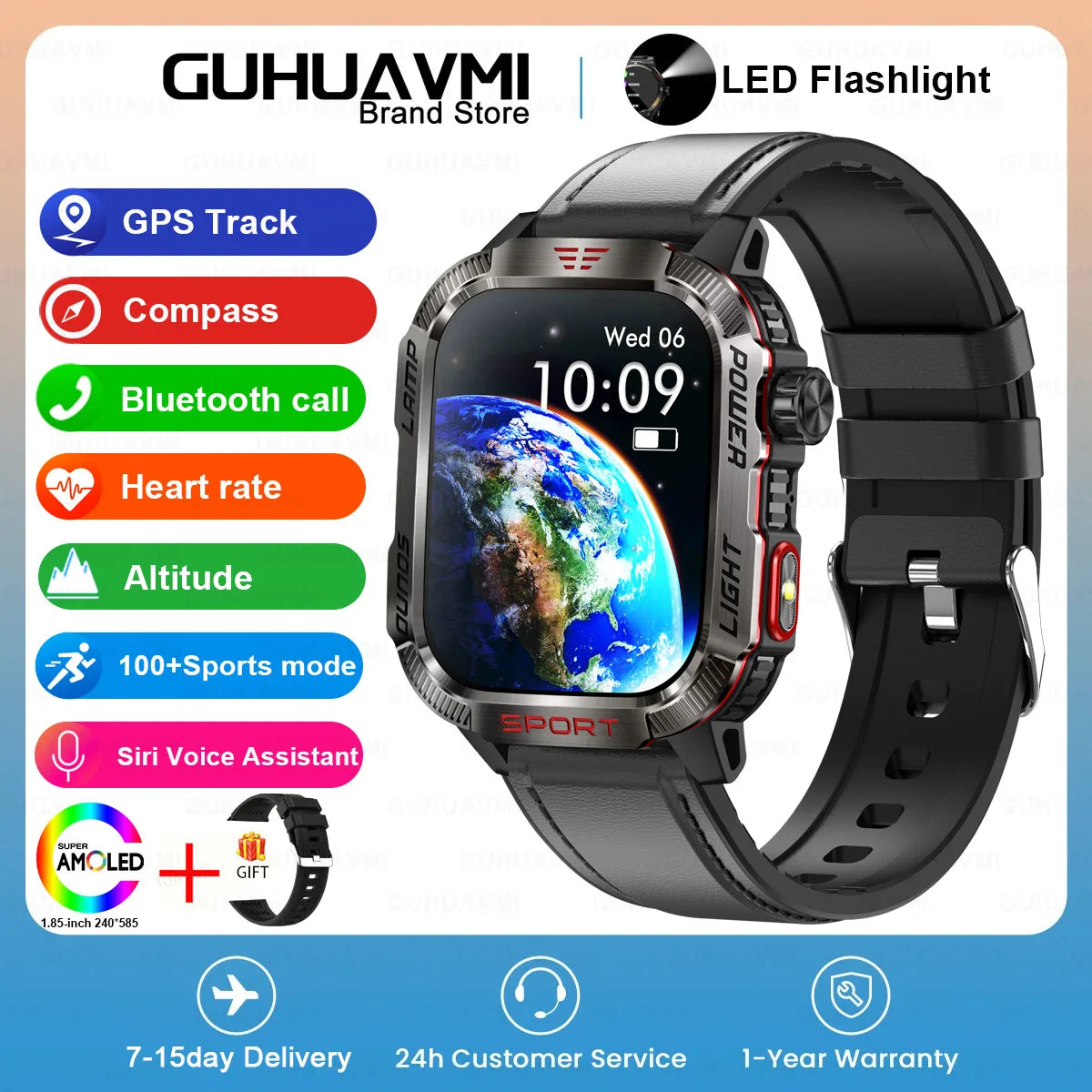 Novo relógio Inteligente Militar Robusto de Fitness 2025 Masculino // Com GPS / Lanterna / Bússola // Bateria de 600 mAh p/ Xiaomi // Relógio Inteligente Esportivo