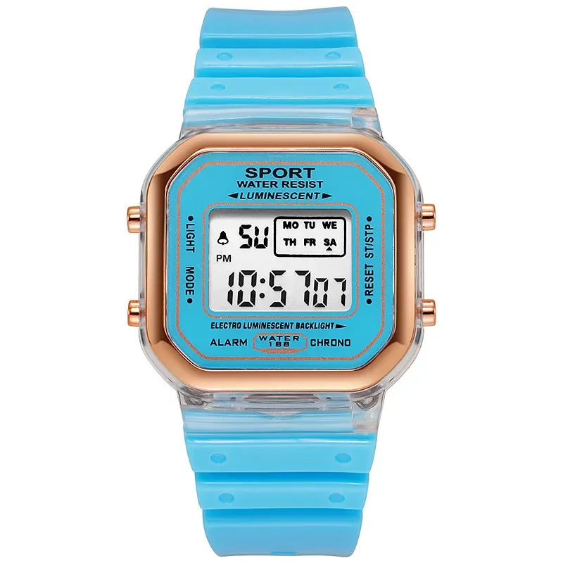 Relógio Eletrônico Transparente de Marca da Moda p/ Estudantes, Relógio de Pulso Feminino Esportivo Multicolorido com LED // À prova d'água // Lindo Presente