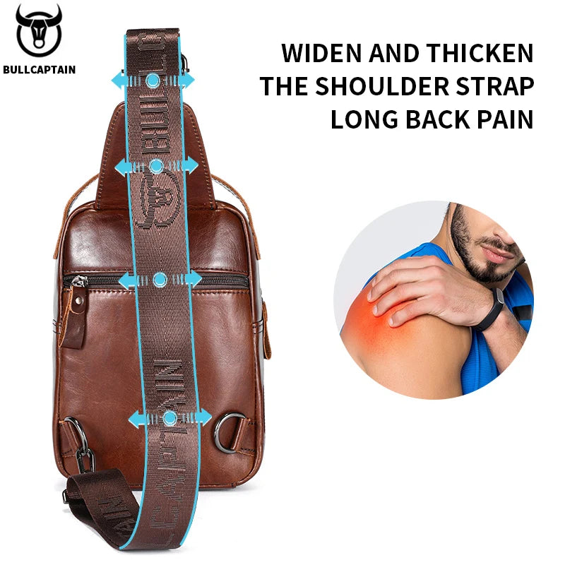 Bolsa de Peito de Couro Genuíno Masculina BULLCAPTAIN // Casual Retrô de 7,9 Polegadas // Bolsa para Celular Multifuncional Antirroubo // Bolsa Crossbody