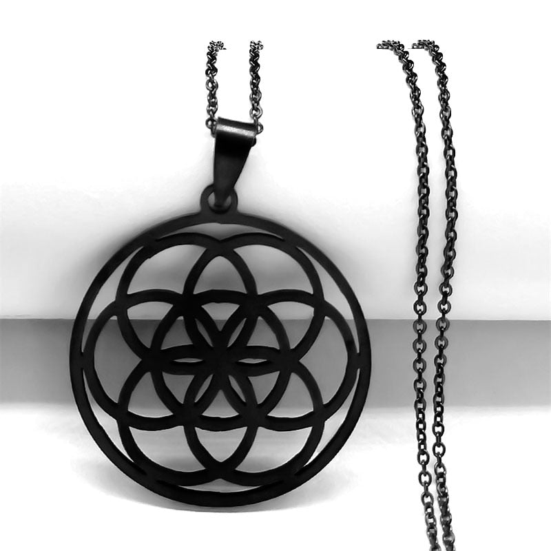 Mandala de Geometria Sagrada Flor da Vida 2023 // Aço Inoxidável Metatron // Colares de LOVELY FAJA // Colar Longo de Contas Pretas // Lindas e Exclusivas Joias flor de la vida. Escolha já a sua!!!