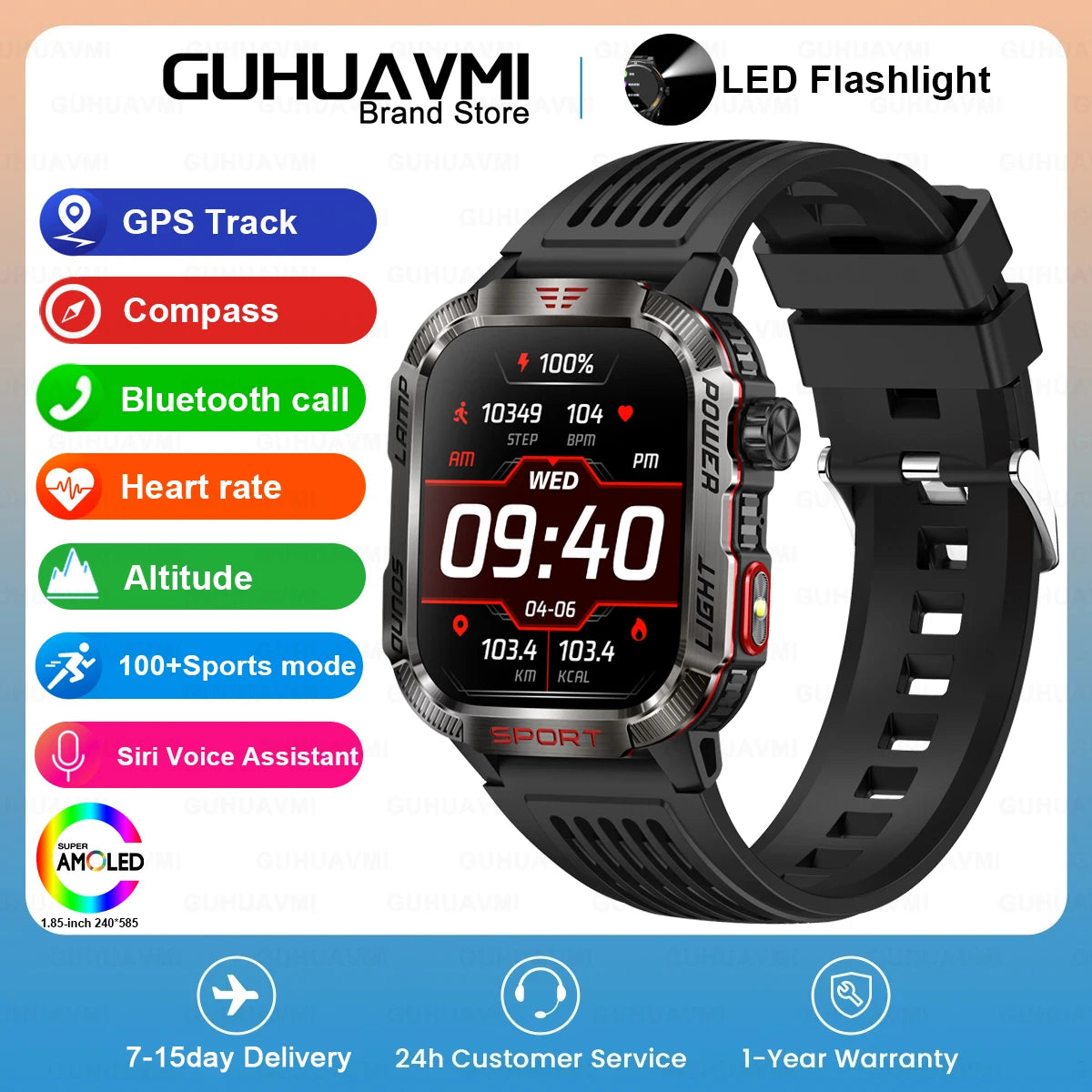 Novo relógio Inteligente Militar Robusto de Fitness 2025 Masculino // Com GPS / Lanterna / Bússola // Bateria de 600 mAh p/ Xiaomi // Relógio Inteligente Esportivo