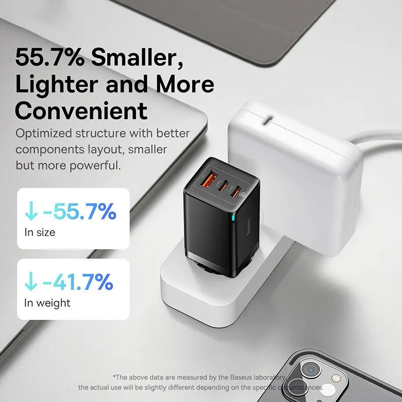 Carregador Baseus 65W GaN Quick Charge 4.0 3.0 Tipo C PD USB // Carregador Portátil QC4.0 3.0 // Carregador Rápido p/ Laptop iPhone 14 13