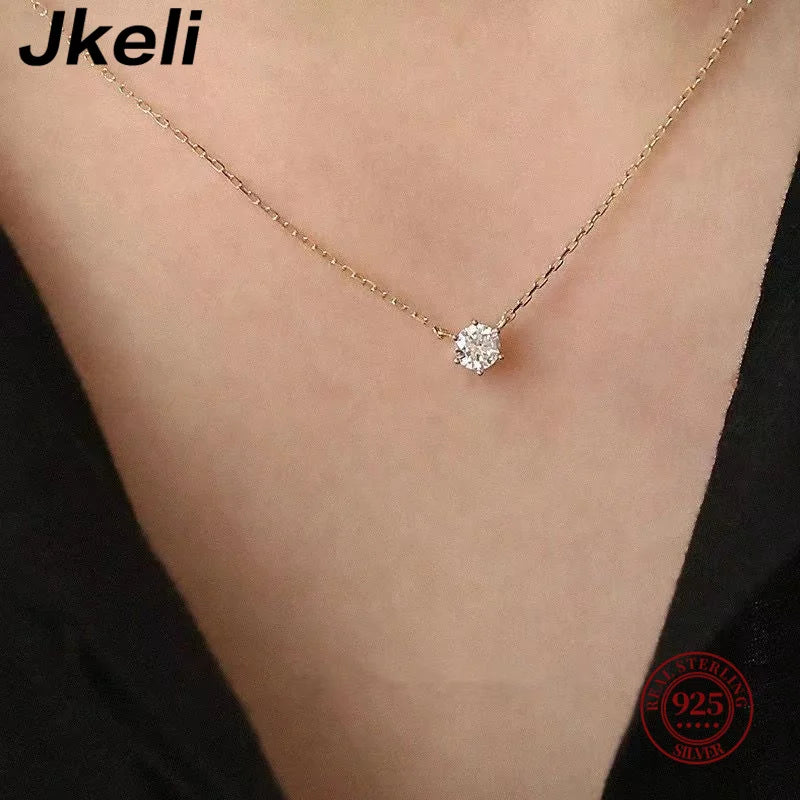Colar Banhado a Ouro 18k Jkeli em Prata Esterlina 925 // Com Zircônia Brilhante e Corrente p/ Clavícula p/ Mulheres // Joias p/ Casamento