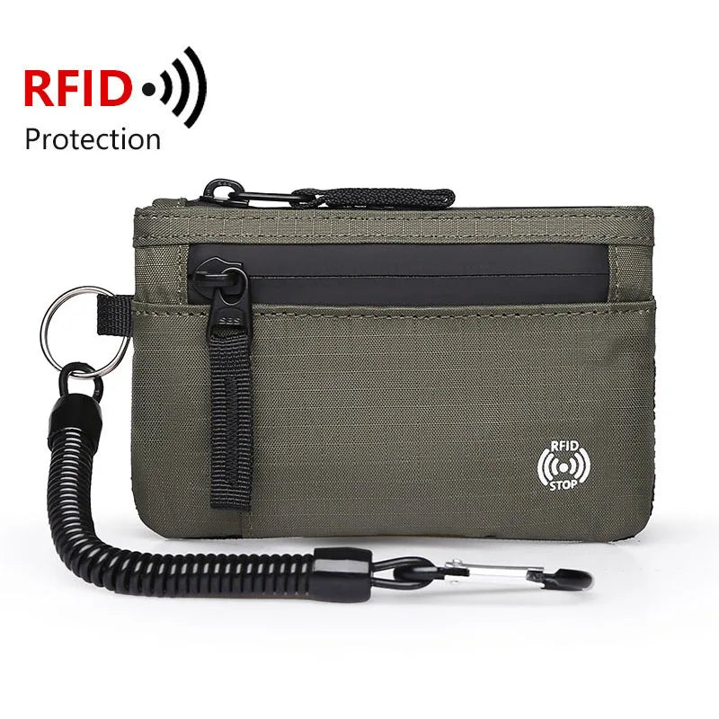 Carteira Masculina RFID Porta-Cartões // De Nylon // Fina com Zíper // Porta-Cartões // Bolsa Tática Masculina // Porta-Moedas c/ Mosquetão