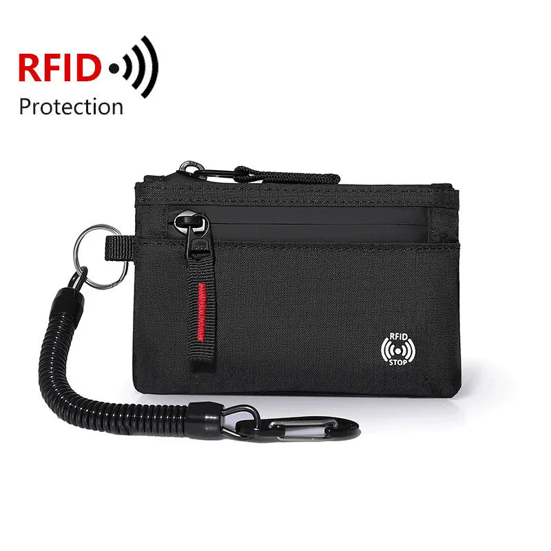 Carteira Masculina RFID Porta-Cartões // De Nylon // Fina com Zíper // Porta-Cartões // Bolsa Tática Masculina // Porta-Moedas c/ Mosquetão