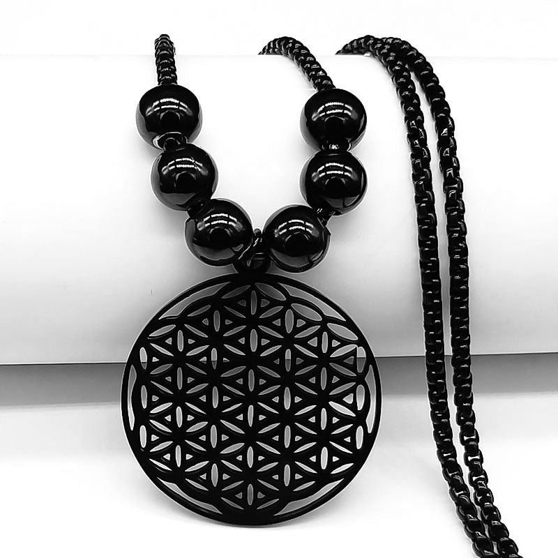 Mandala de Geometria Sagrada Flor da Vida 2023 // Aço Inoxidável Metatron // Colares de LOVELY FAJA // Colar Longo de Contas Pretas // Lindas e Exclusivas Joias flor de la vida. Escolha já a sua!!!