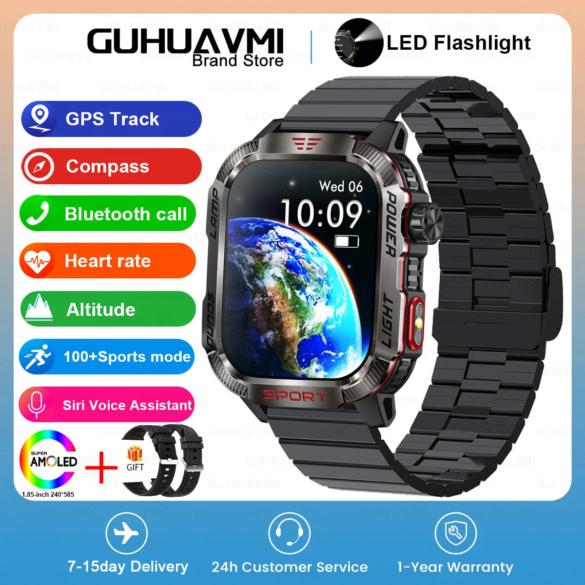Novo relógio Inteligente Militar Robusto de Fitness 2025 Masculino // Com GPS / Lanterna / Bússola // Bateria de 600 mAh p/ Xiaomi // Relógio Inteligente Esportivo