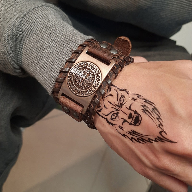 Pulseiras Masculinas Elegantes VENOX de Couro // Envolto em Couro Rock Punk // Pingente de Bússola Masculina // Joia de Pulso, Comprimento Ajustável // Elegante e Super Moderna!!!"