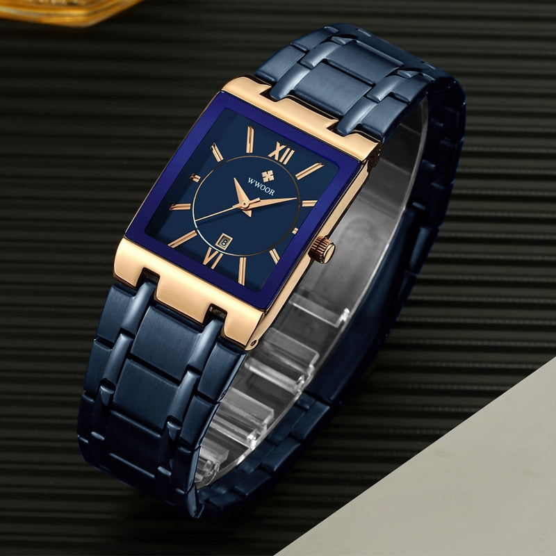 Relógio Masculino WWOOR Luxo Quadrado Azul // Novos Relógios da Moda 2023 Masculino // Relógio de Pulso Masculino Aço Inoxidável, À Prova D' Água // Quartzo // Muito lindo e Elegante!!!