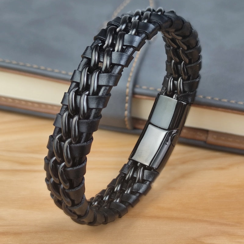 Pulseira de Corrente JIANGMINGAO de Couro Genuíno para Homens // Com Fecho Magnético de Aço Inoxidável Banhado a Ouro // Joias Exclusivas Charm Bracelets para Presente // Lindas e Exclusivas!!!