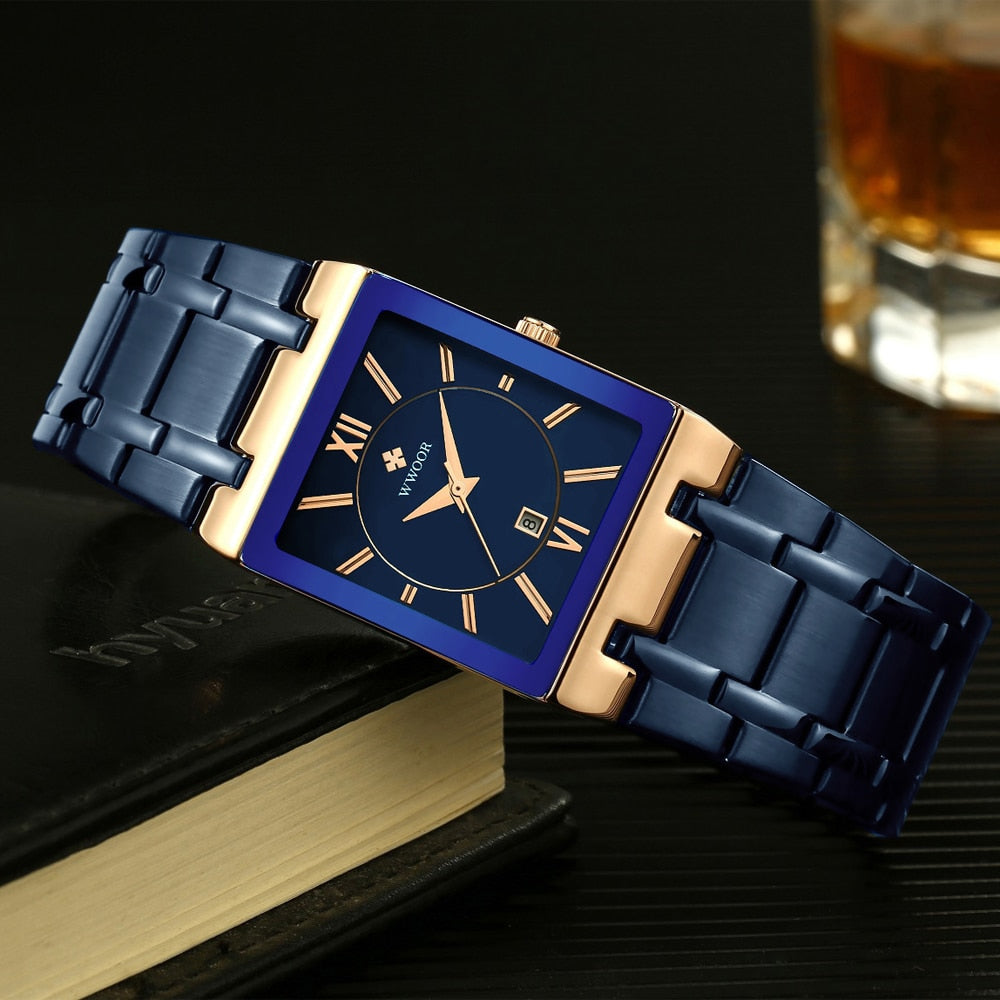 Relógio Masculino WWOOR Luxo Quadrado Azul // Novos Relógios da Moda 2023 Masculino // Relógio de Pulso Masculino Aço Inoxidável, À Prova D' Água // Quartzo // Muito lindo e Elegante!!!
