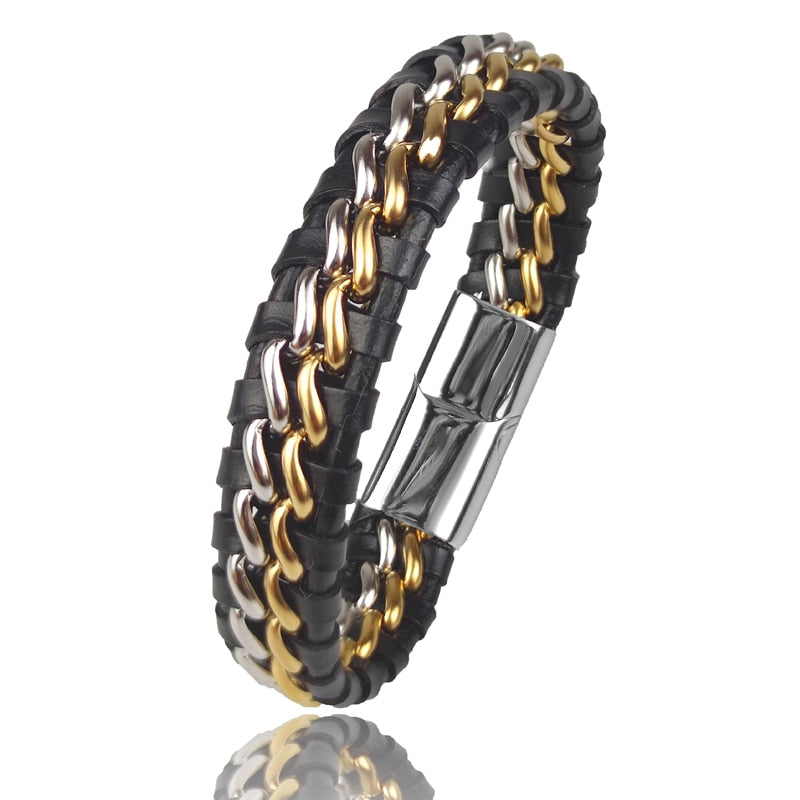Pulseira de Corrente JIANGMINGAO de Couro Genuíno para Homens // Com Fecho Magnético de Aço Inoxidável Banhado a Ouro // Joias Exclusivas Charm Bracelets para Presente // Lindas e Exclusivas!!!
