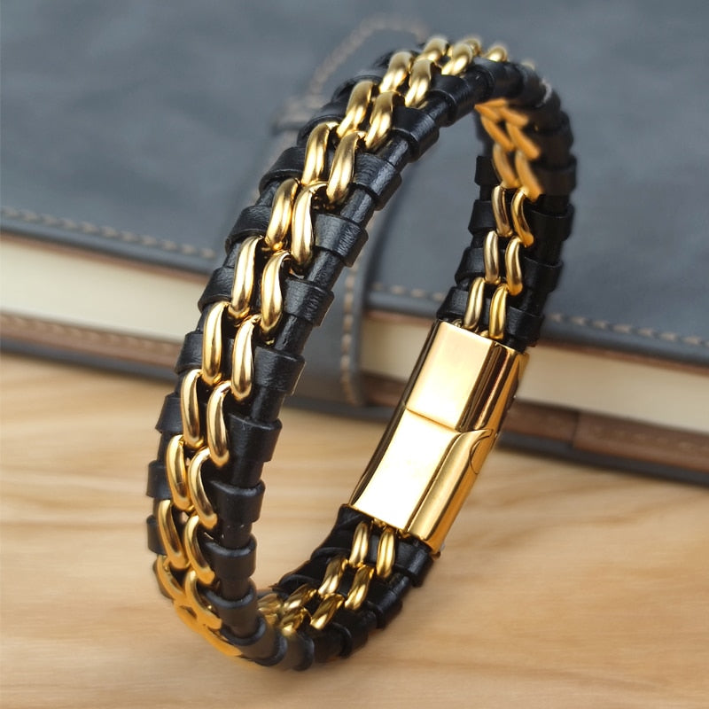 Pulseira de Corrente JIANGMINGAO de Couro Genuíno para Homens // Com Fecho Magnético de Aço Inoxidável Banhado a Ouro // Joias Exclusivas Charm Bracelets para Presente // Lindas e Exclusivas!!!