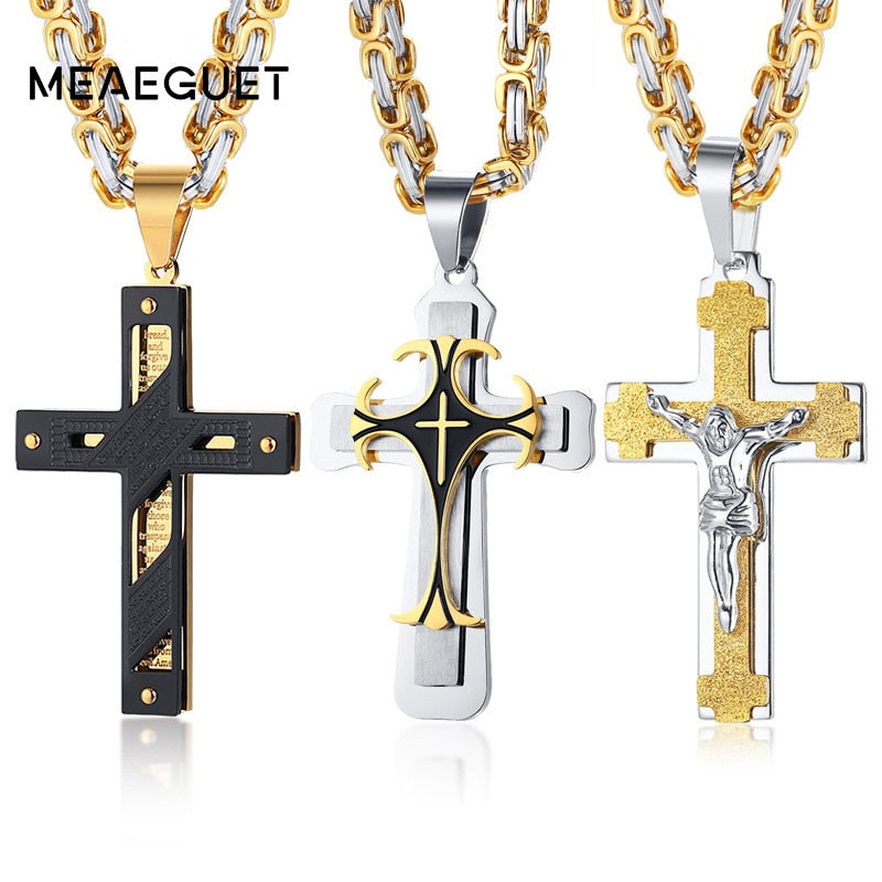 Colar Bizantino Cruz Meaeguet // Crucifixo Masculino Aço Inoxidável 24" // Colares Masculinos com Corrente Bizantina // Lindos Pingentes c/ Correntes Bizantinas!!!