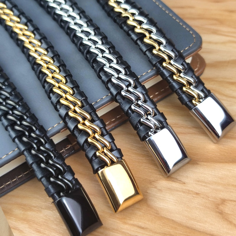 Pulseira de Corrente JIANGMINGAO de Couro Genuíno para Homens // Com Fecho Magnético de Aço Inoxidável Banhado a Ouro // Joias Exclusivas Charm Bracelets para Presente // Lindas e Exclusivas!!!