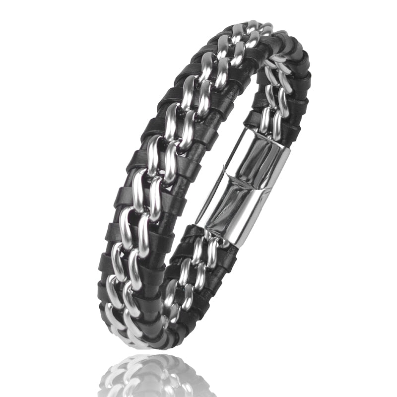 Pulseira de Corrente JIANGMINGAO de Couro Genuíno para Homens // Com Fecho Magnético de Aço Inoxidável Banhado a Ouro // Joias Exclusivas Charm Bracelets para Presente // Lindas e Exclusivas!!!