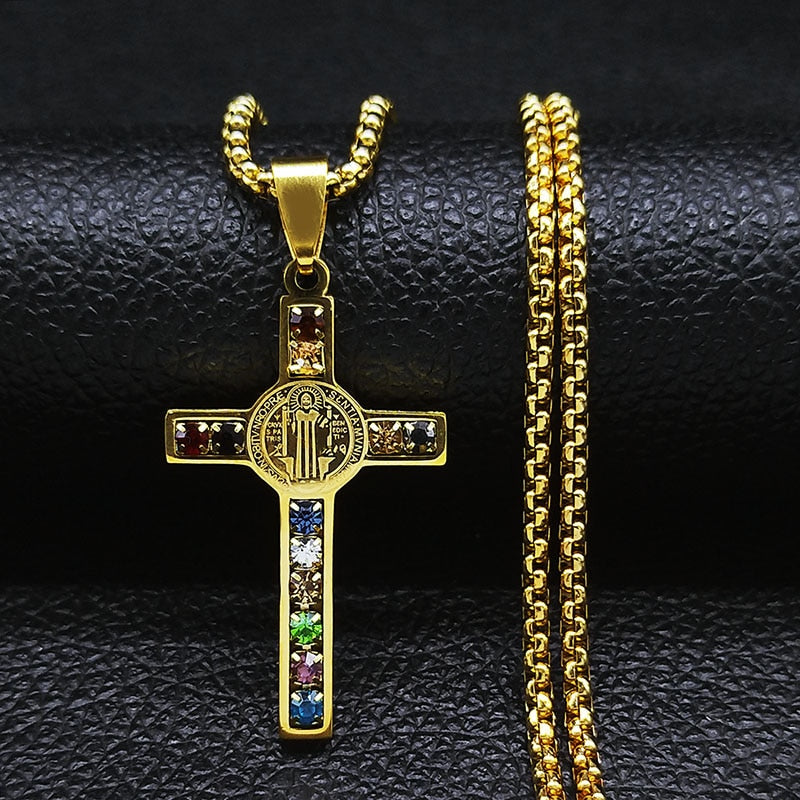 Colar de Aço Inoxidável JYTF c/ Pingente // Cruz Jesus Católico // São Bento de Cristal // Virgem Maria // Lindos Crucifixos, Colares/Jóias/Cruz