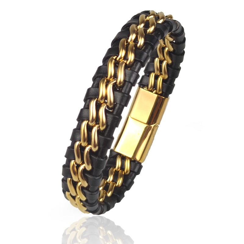 Pulseira de Corrente JIANGMINGAO de Couro Genuíno para Homens // Com Fecho Magnético de Aço Inoxidável Banhado a Ouro // Joias Exclusivas Charm Bracelets para Presente // Lindas e Exclusivas!!!