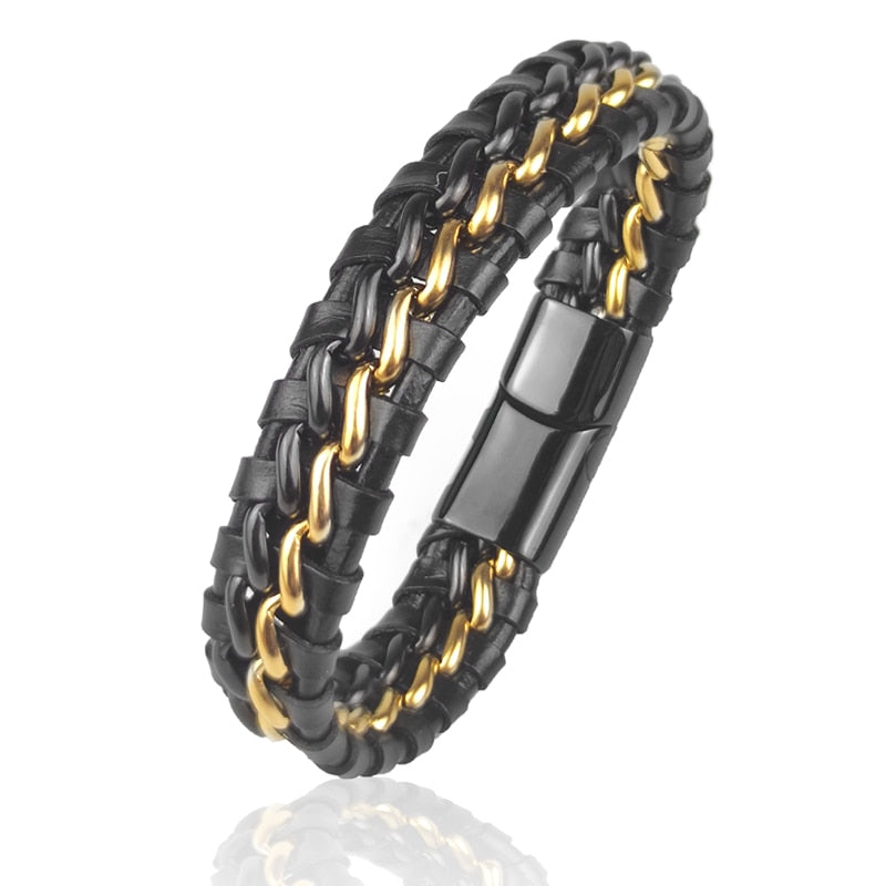 Pulseira de Corrente JIANGMINGAO de Couro Genuíno para Homens // Com Fecho Magnético de Aço Inoxidável Banhado a Ouro // Joias Exclusivas Charm Bracelets para Presente // Lindas e Exclusivas!!!