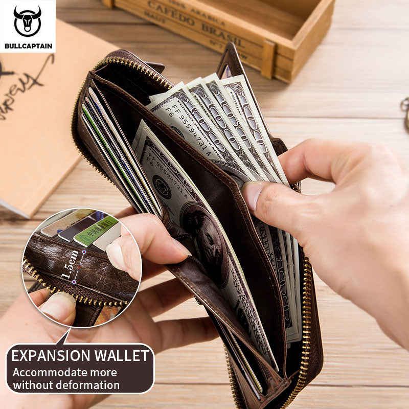Carteira Masculina de Couro Genuíno BULLCAPTAIN // Carteira Masculina Bolsa Multifuncional // Compartimento p/ Moedas/Cartão // Linda e Elegante!!!