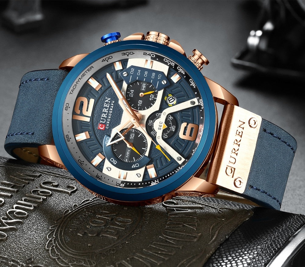 2025 Relógios Esportivos Masculinos Marca CURREN Top de Luxo Couro Azul // Cronógrafo Relógio Para Homens Moda Data Relógio À Prova D' Água