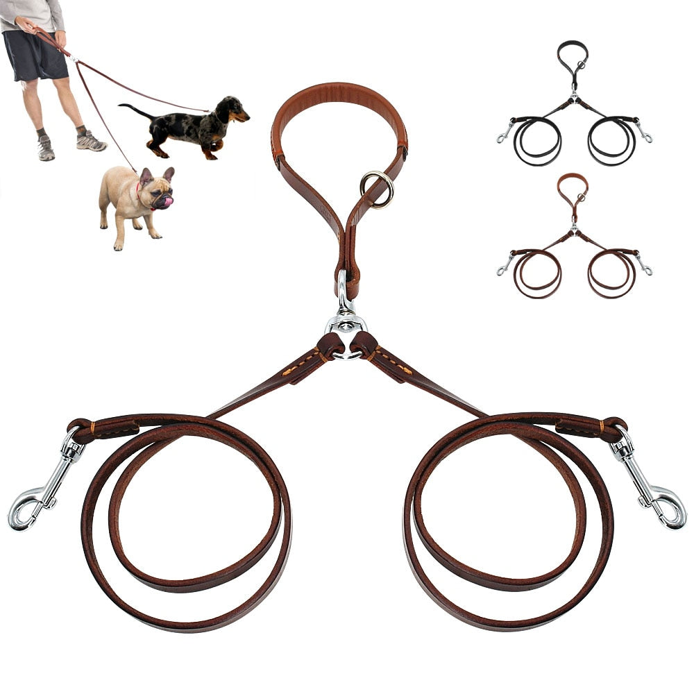 Coleira Dupla para Cachorro Didog de 2 Vias com duas Guias de Couro para Animais de Estimação // Acoplador No Tangle com Alça para Caminhar e treinar 2 cães Pequenos e Médios