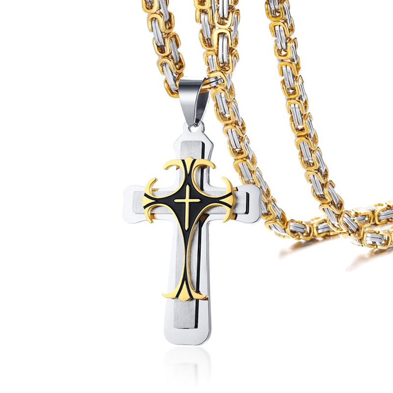 Colar Bizantino Cruz Meaeguet // Crucifixo Masculino Aço Inoxidável 24" // Colares Masculinos com Corrente Bizantina // Lindos Pingentes c/ Correntes Bizantinas!!!