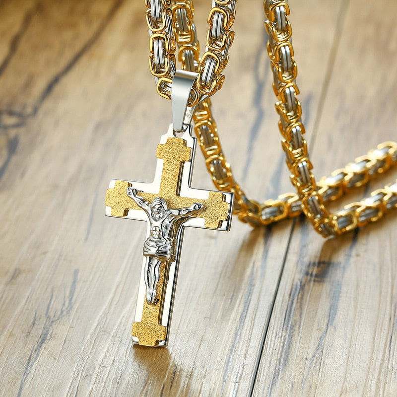 Colar Bizantino Cruz Meaeguet // Crucifixo Masculino Aço Inoxidável 24" // Colares Masculinos com Corrente Bizantina // Lindos Pingentes c/ Correntes Bizantinas!!!