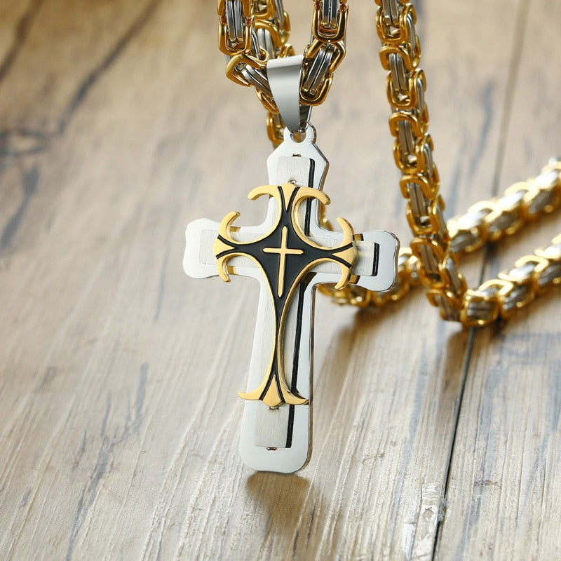 Colar Bizantino Cruz Meaeguet // Crucifixo Masculino Aço Inoxidável 24" // Colares Masculinos com Corrente Bizantina // Lindos Pingentes c/ Correntes Bizantinas!!!