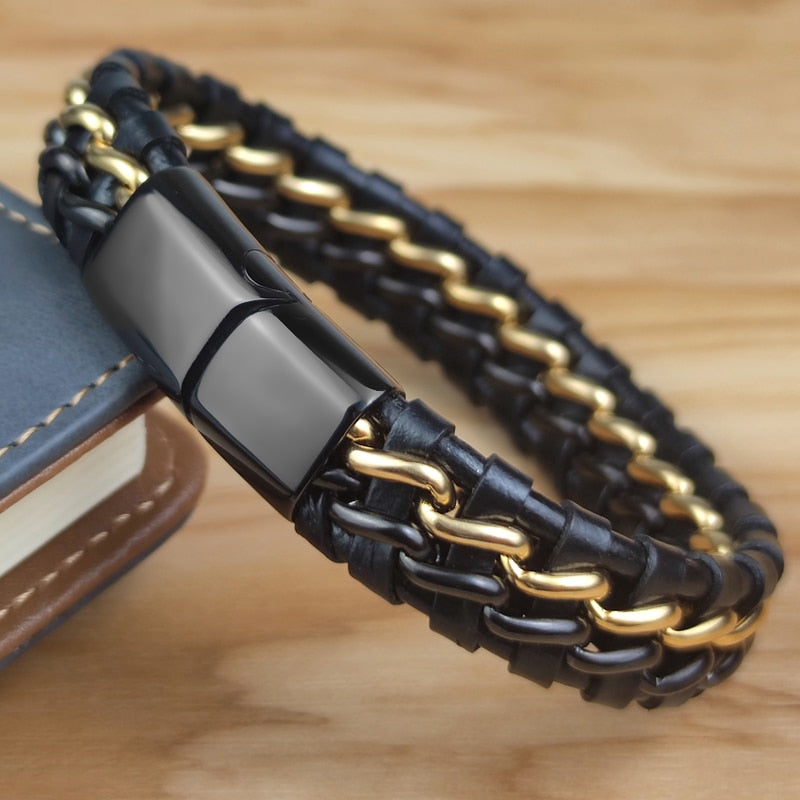 Pulseira de Corrente JIANGMINGAO de Couro Genuíno para Homens // Com Fecho Magnético de Aço Inoxidável Banhado a Ouro // Joias Exclusivas Charm Bracelets para Presente // Lindas e Exclusivas!!!