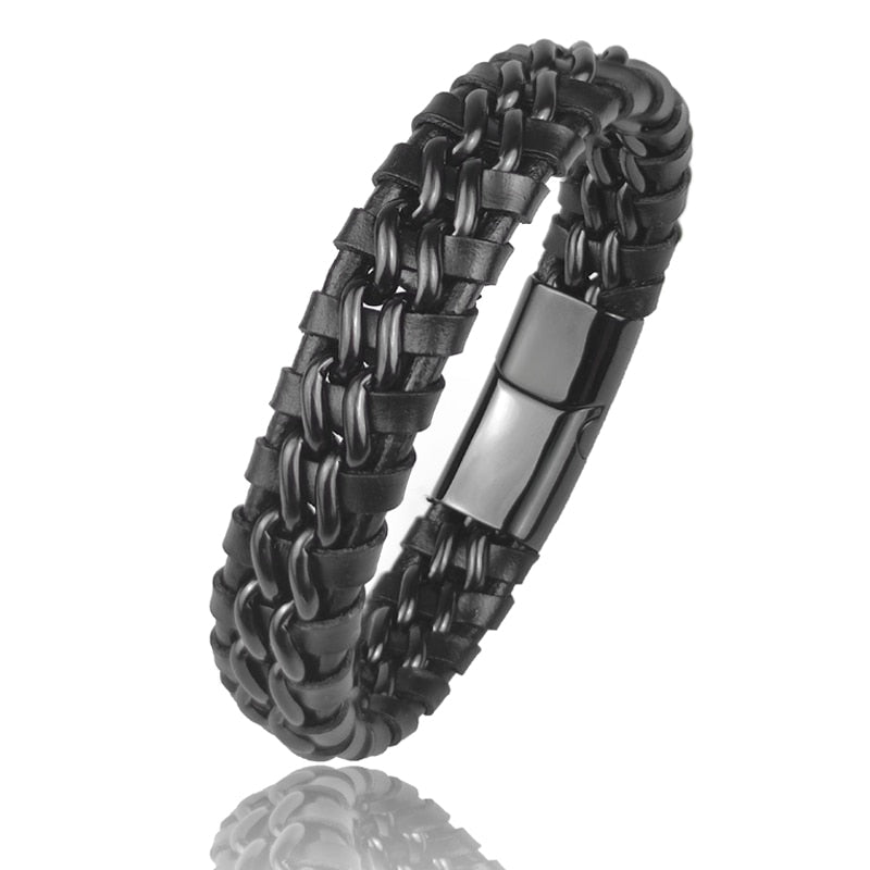 Pulseira de Corrente JIANGMINGAO de Couro Genuíno para Homens // Com Fecho Magnético de Aço Inoxidável Banhado a Ouro // Joias Exclusivas Charm Bracelets para Presente // Lindas e Exclusivas!!!