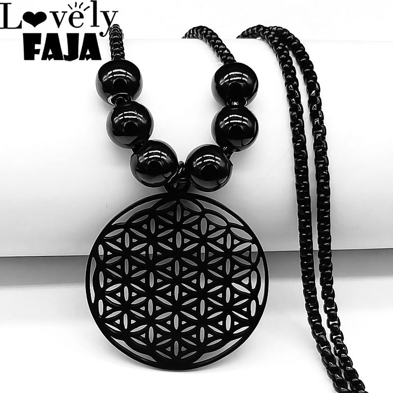 Mandala de Geometria Sagrada Flor da Vida 2023 // Aço Inoxidável Metatron // Colares de LOVELY FAJA // Colar Longo de Contas Pretas // Lindas e Exclusivas Joias flor de la vida. Escolha já a sua!!!