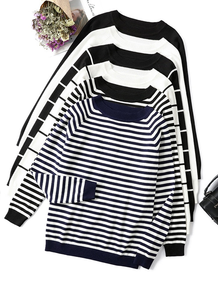 Pulôver Feminino GKFNMT Listrado/Liso de Manga Comprida 2023 // Camisa de Malha Outono/Inverno // Blusas com Decote em O