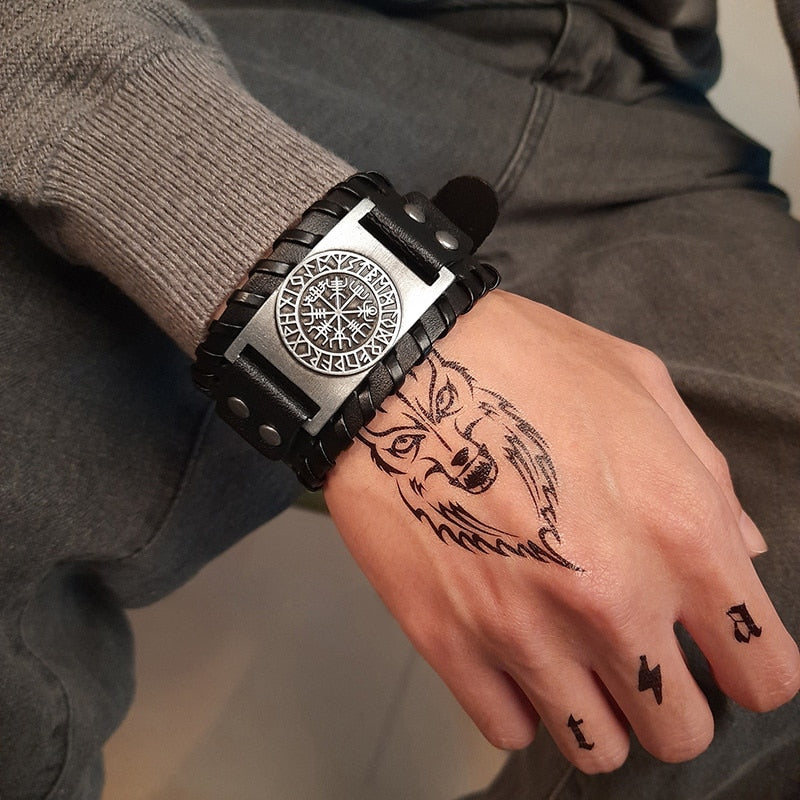 Pulseiras Masculinas Elegantes VENOX de Couro // Envolto em Couro Rock Punk // Pingente de Bússola Masculina // Joia de Pulso, Comprimento Ajustável // Elegante e Super Moderna!!!"