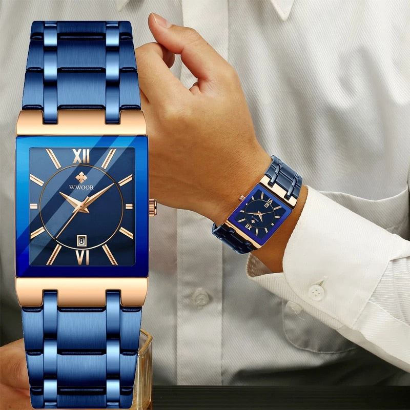 Relógio Masculino WWOOR Luxo Quadrado Azul // Novos Relógios da Moda 2023 Masculino // Relógio de Pulso Masculino Aço Inoxidável, À Prova D' Água // Quartzo // Muito lindo e Elegante!!!