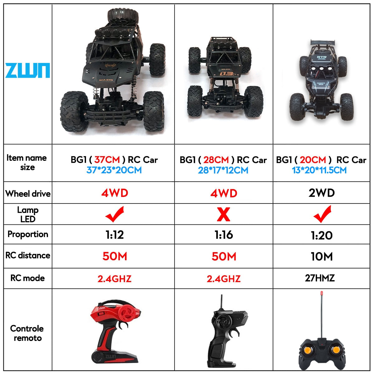 Buggy Rádio Controle Remoto Off-Road ZWN 1:12 / 1:16 4WD RC Car Com Luzes Led 2.4G // Pura Emoção Para Crianças de Todas as Idades!!!