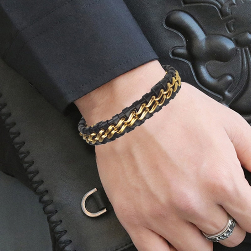 Pulseira de Corrente JIANGMINGAO de Couro Genuíno para Homens // Com Fecho Magnético de Aço Inoxidável Banhado a Ouro // Joias Exclusivas Charm Bracelets para Presente // Lindas e Exclusivas!!!