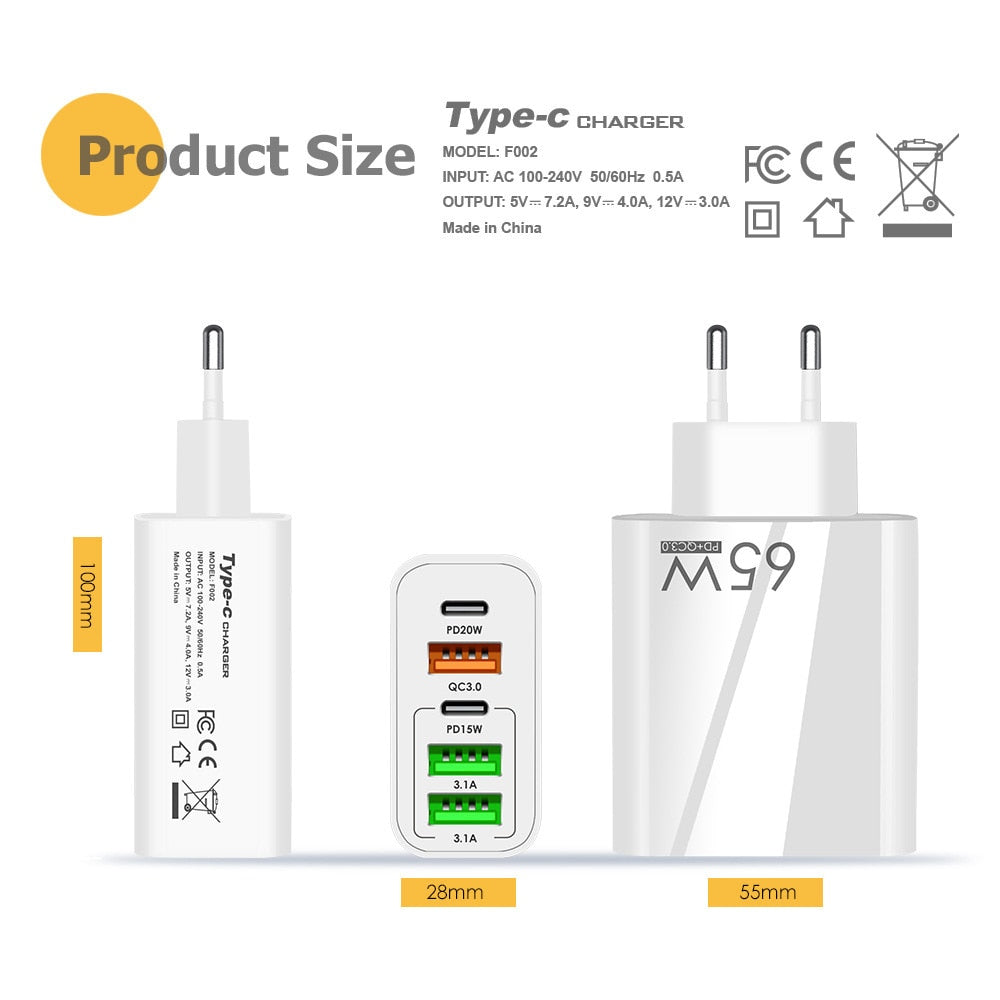 Carregador USB C de Alta Performance 65W // Carregamento rápido // Tipo C PD QC3.0 // Adaptador de Celular para iPhone Xiaomi Huawei Samsung ipad Realme oneplus Tablet