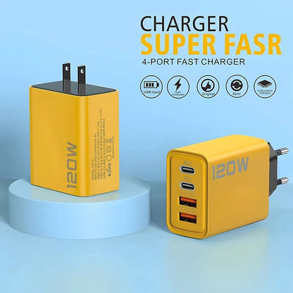 Carregador Rápido de 120 W Tipo C USB C PD // Carregador Rápido 3.0 // Adaptador de Carregador USB para iPhone 15 14 13 Samsung Xiaomi // Carregador de parede