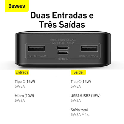 Powerbank Baseus 20.000mah 15w // Com Indicador De Carga LED // Carregamento Rapido // Bateria de Polimero de Litio de Alta Densidade