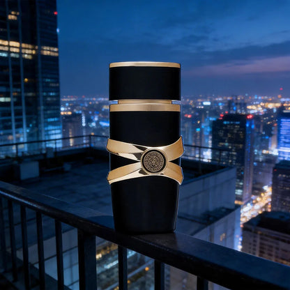 Perfume Árabe Premium p/ Homens // Com Notas de Âmbar e Madeira // Aroma Intenso e Duradouro // Design Elegante em Preto e Dourado.