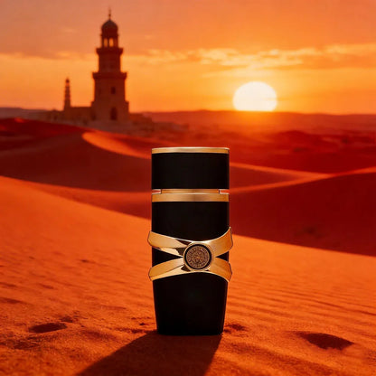 Perfume Árabe Premium p/ Homens // Com Notas de Âmbar e Madeira // Aroma Intenso e Duradouro // Design Elegante em Preto e Dourado.